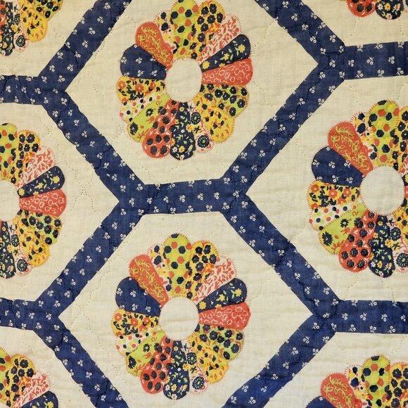 Vintage 70s Dresden Plate Wheel Quilt Blue Floral Backing 70 X 80" Blue Yellow - Picture 3 of 8